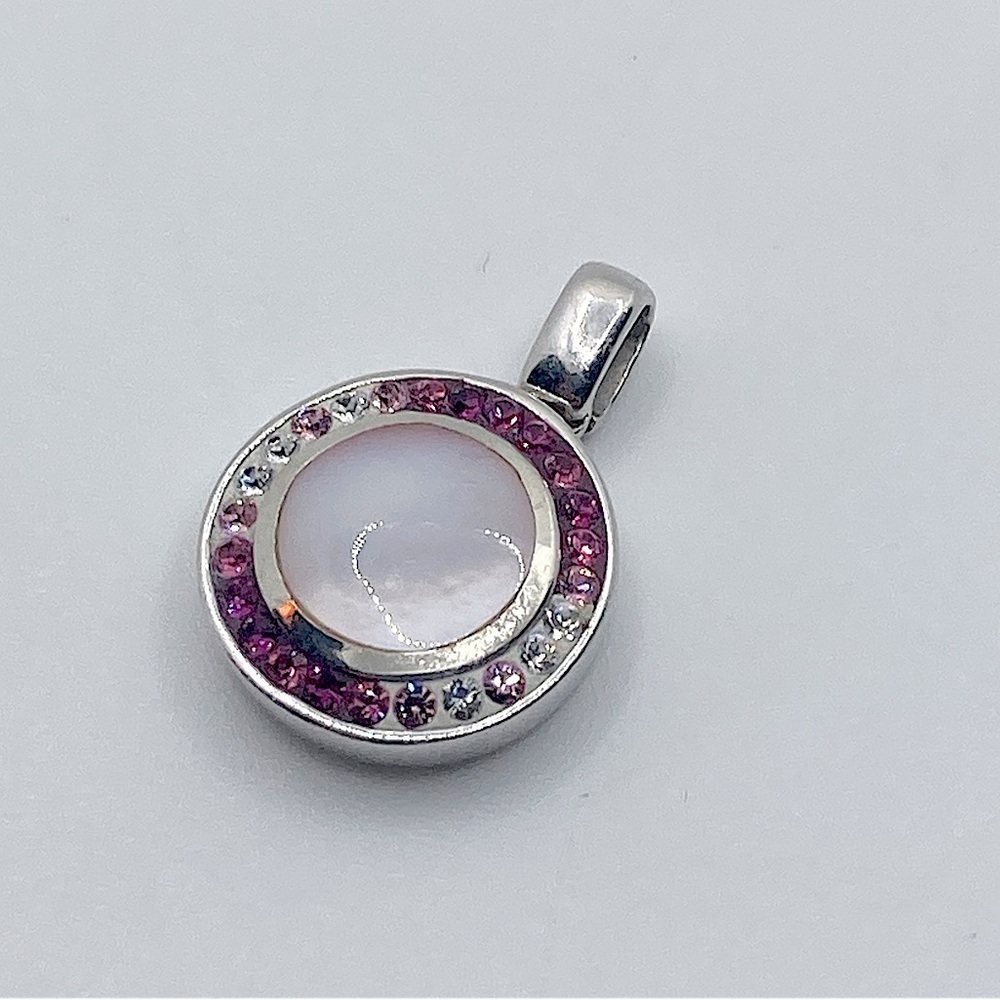 Vtg Sterling Pink MOP Mother of Pearl & Crystal Round Pendant 1”
